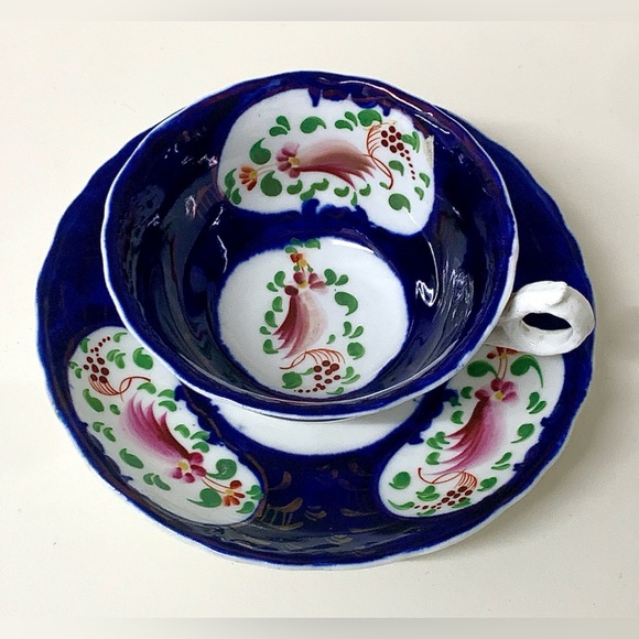 19th Century Antique Gaudy Welsh Feather Pattern Cup & Saucer Tea Set - Picture 7 of 16